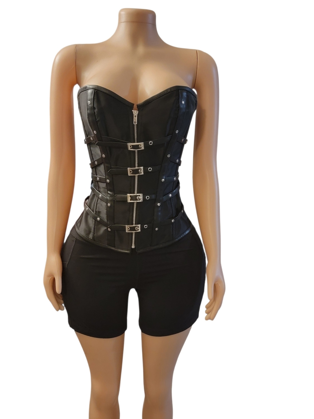 Black Strapless Buckle Front Leather-Look Corset Crop Top